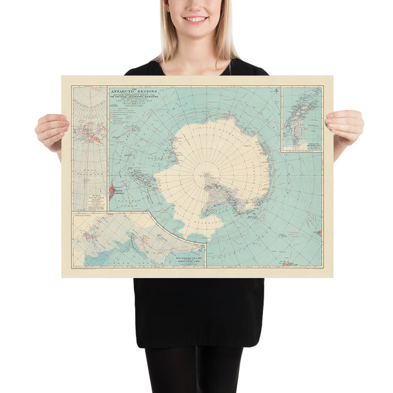 Ancienne carte de l'Antarctique : routes remarquables des explorateurs de l'Antarctique, 1932