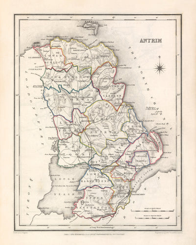 Mapa antiguo del condado de Antrim por Samuel Lewis, 1844: Belfast, Lisburn, Carrickfergus, Ballymena, Calzada del Gigante