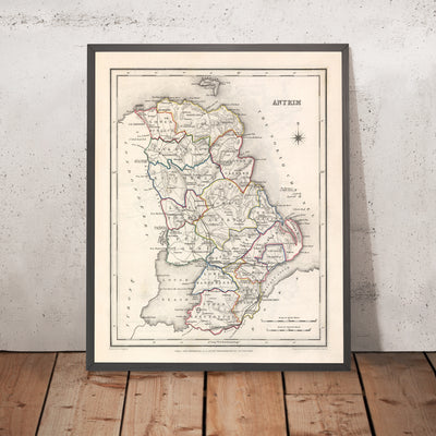 Ancienne carte du comté d'Antrim par Samuel Lewis, 1844 : Belfast, Lisburn, Carrickfergus, Ballymena, Chaussée des Géants