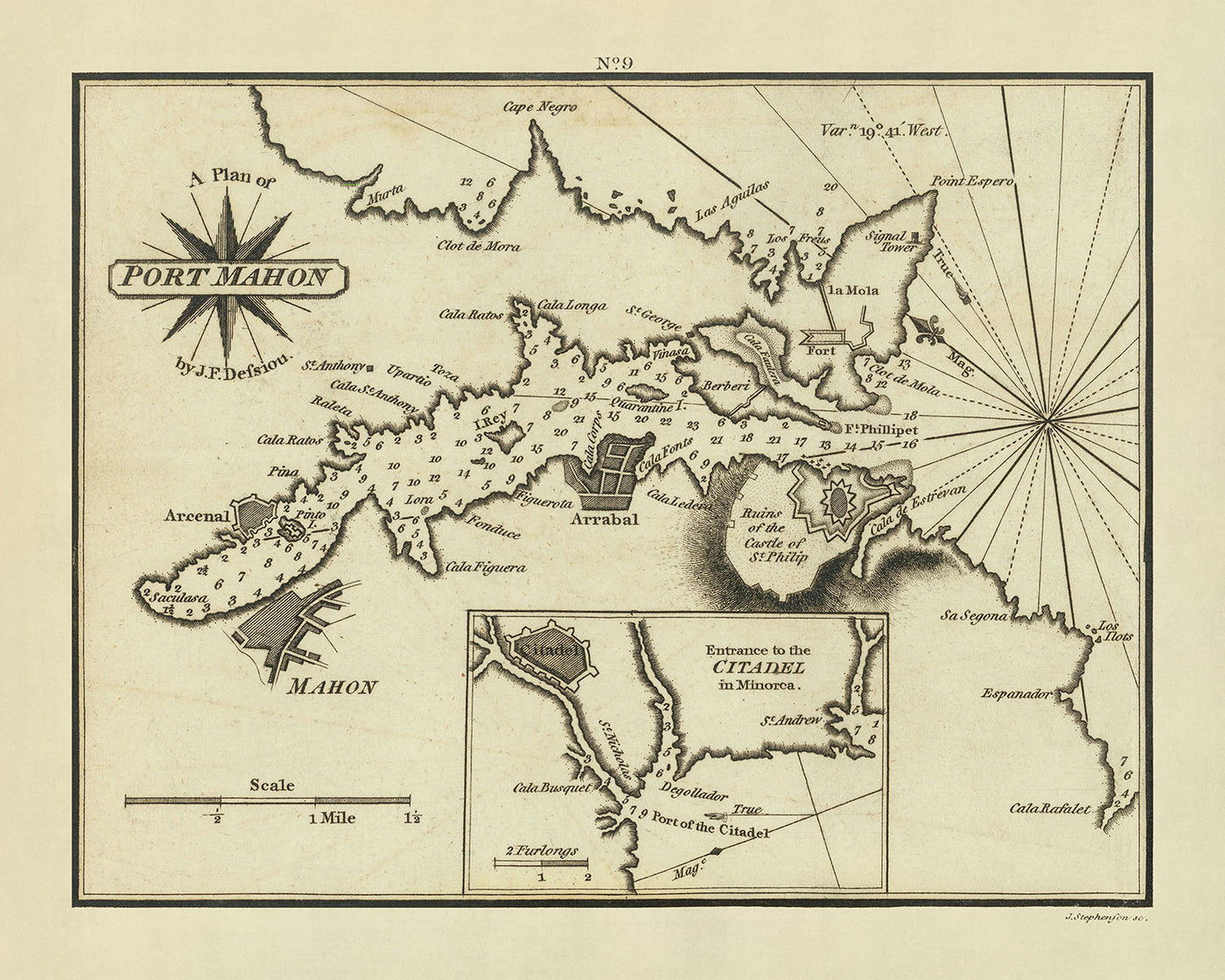 Alte Seekarte von Port Mahon von Heather, 1802: Zitadelle, Fort St. Philip, Lazaretto