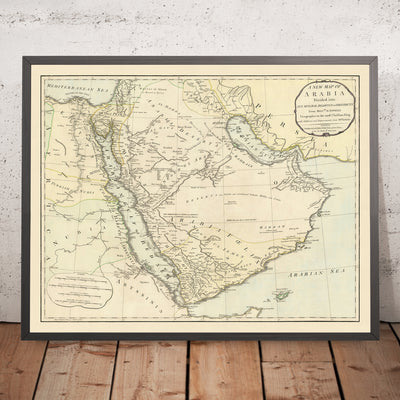 Ancienne carte du Moyen-Orient par Laurie & Whittle, 1794 : désert aride, routes des caravanes vers Damas, îles de Bahreïn, Samara et Pasteles, émirat de Ras Al Khaimah et mosquée blanche.