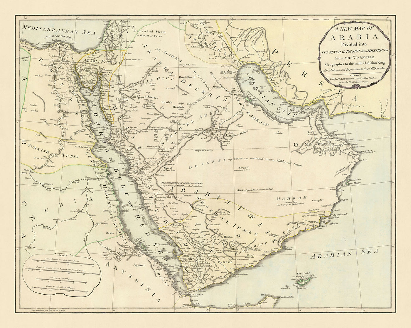 Ancienne carte du Moyen-Orient par Laurie & Whittle, 1794 : désert aride, routes des caravanes vers Damas, îles de Bahreïn, Samara et Pasteles, émirat de Ras Al Khaimah et mosquée blanche.