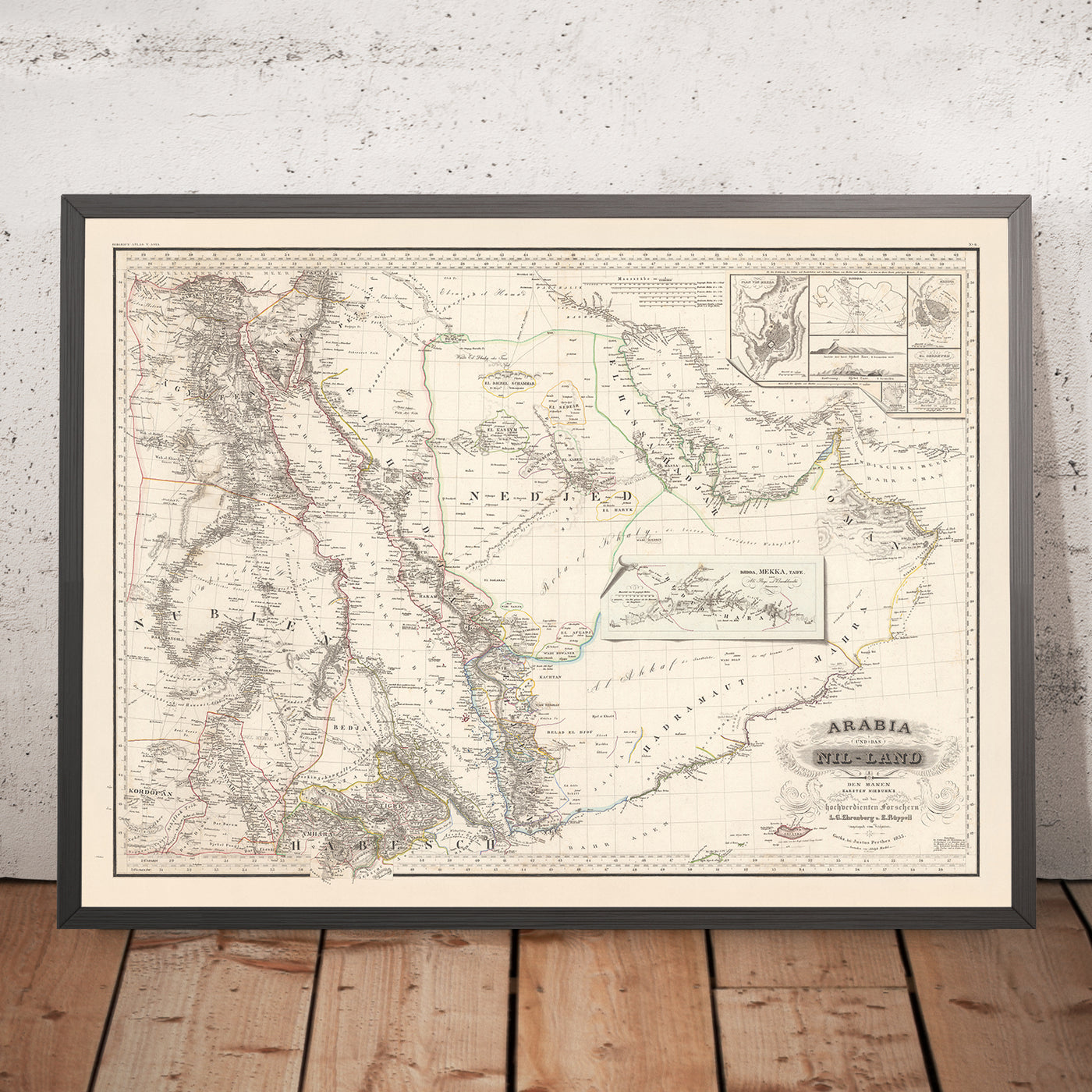 Ancienne carte rare de la péninsule arabique par Perthes, 1835 : Dubaï, Abu Dhabi, La Mecque, le Nil, la mer Rouge