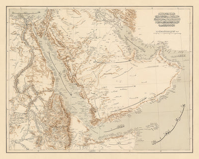 Ancienne carte de la péninsule arabique et de la mer Rouge par l'état-major général de l'armée ottomane, 1897 : fleuve Nil, Arabie saoudite et Irak, golfe Persique, Émirats arabes unis, mer Rouge