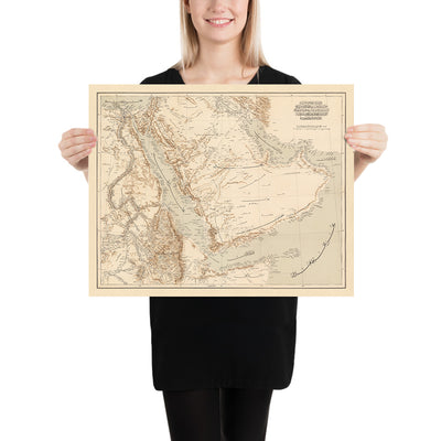 Old Arabic Map of Arabian Peninsula by the Ottoman Army, 1897: Saudi Arabia and Iraq, Persian Gulf, UAE, Dubai, Red Sea
