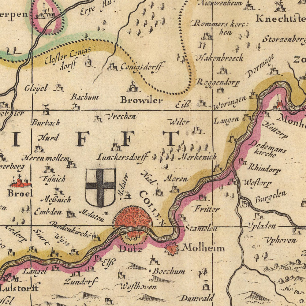 Mapa antiguo del Arzobispado de Colonia por Visscher, 1690: Düsseldorf, Essen, Bonn, Dortmund, Düren