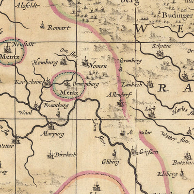 Mapa antiguo del Arzobispado de Maguncia por Visscher, 1690: Frankfurt, Darmstadt, Kassel, Mannheim, Göttingen