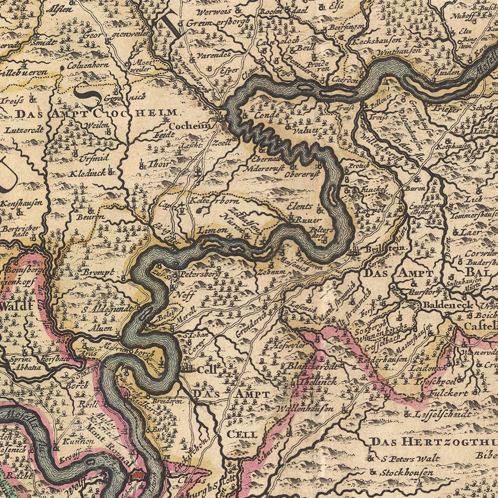 Mapa antiguo del arzobispado de Trier por Visscher, 1690: Koblenz, Bitburg, Cochem, Mainz, Moselle