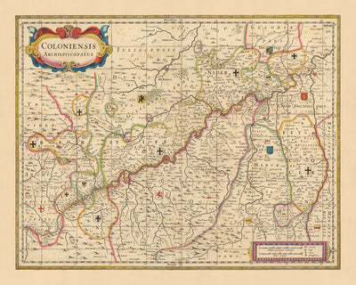 Mapa antiguo del Arzobispado de Colonia por Visscher, 1690: Düsseldorf, Essen, Bonn, Dortmund, Düren
