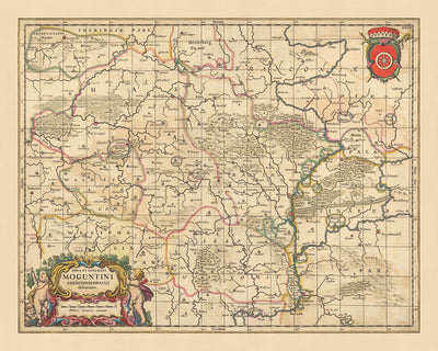 Mapa antiguo del Arzobispado de Maguncia por Visscher, 1690: Frankfurt, Darmstadt, Kassel, Mannheim, Göttingen