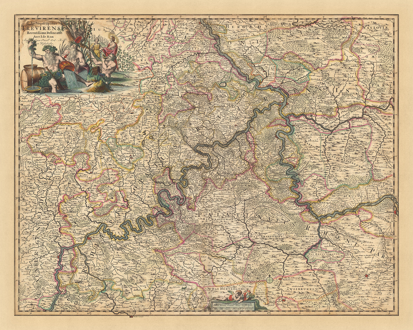 Ancienne carte de l'archevêché de Trèves par Visscher, 1690 : Coblence, Bitburg, Cochem, Mayence, Moselle