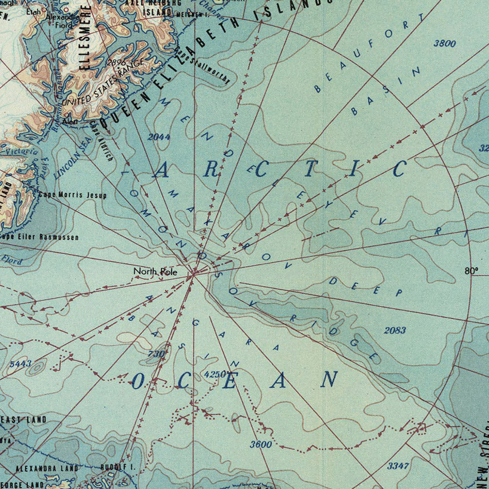 Mapa antiguo del Ártico realizado por el Servicio de Topografía del Ejército Polaco, 1967: descripción política y física detallada, rutas de expediciones científicas anteriores a 1957, énfasis en la región ártica mediante proyección cartográfica