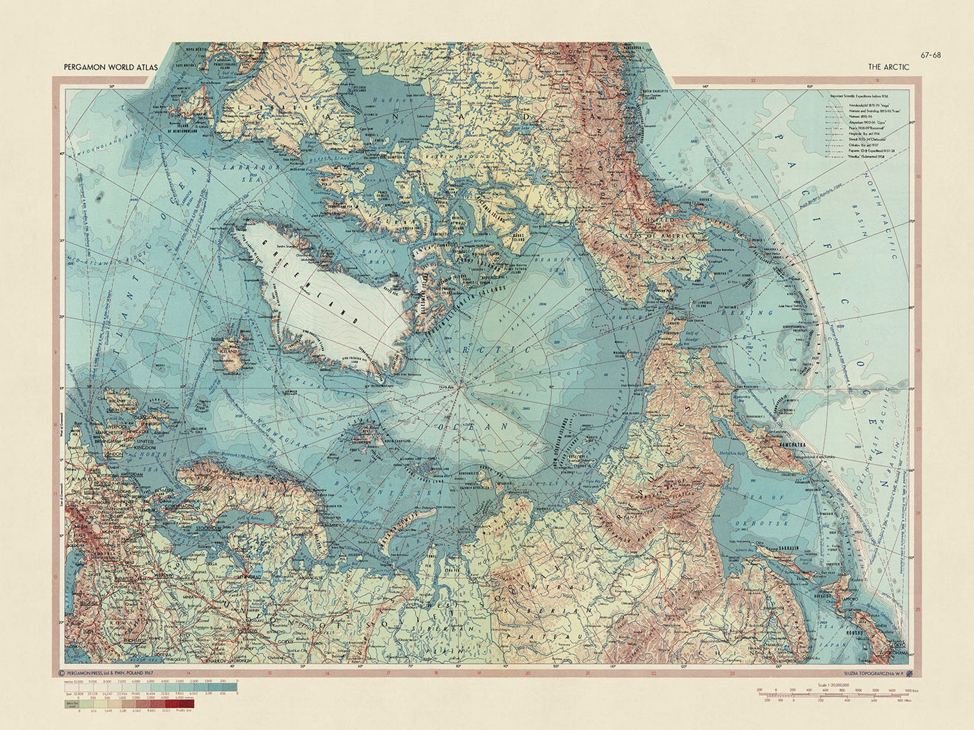 Mapa antiguo del Ártico realizado por el Servicio de Topografía del Ejército Polaco, 1967: descripción política y física detallada, rutas de expediciones científicas anteriores a 1957, énfasis en la región ártica mediante proyección cartográfica