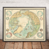 Grande mappa antica dell'esplorazione artica di Haardt, 1898: Frobisher, Hudson, Franklin, Nansen, Andrée 