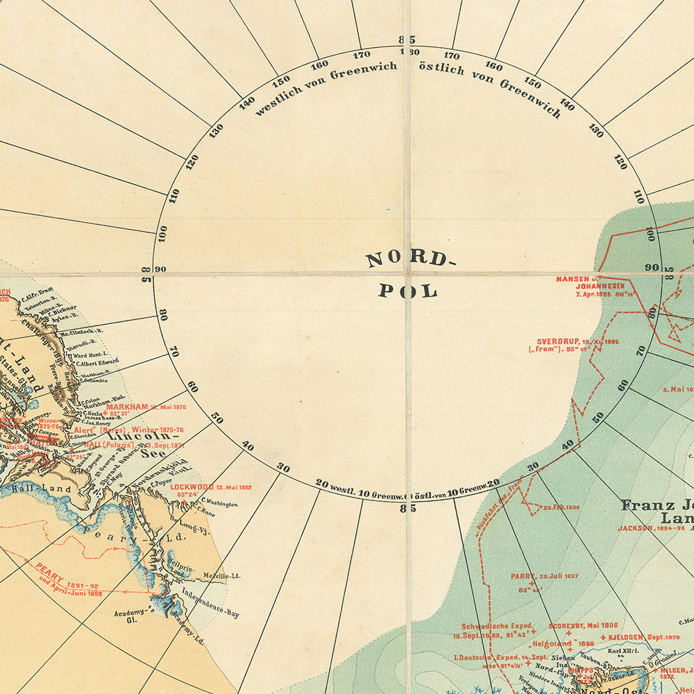 Arctic Ridge Map Large Old Map of Arctic Exploration by Haardt, 1898: Frobisher, Hudson ...