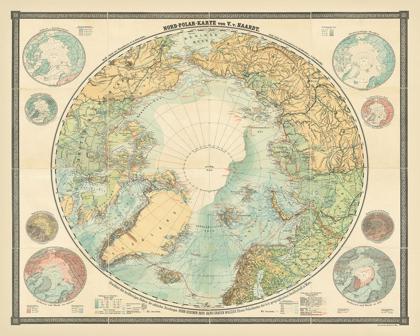 Ancienne carte de l'exploration de l'Arctique par Haardt, 1898 : Frobisher, Hudson, Franklin, Nansen, Andrée