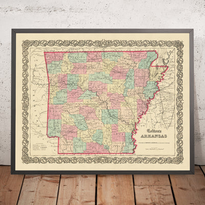 Ancienne carte de l'Arkansas par JH Colton, 1855 : Little Rock, Fort Smith, Fayetteville, Pine Bluff, Van Buren