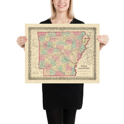 Mapa antiguo de Arkansas por JH Colton, 1855: Little Rock, Fort Smith, Fayetteville, Pine Bluff, Van Buren