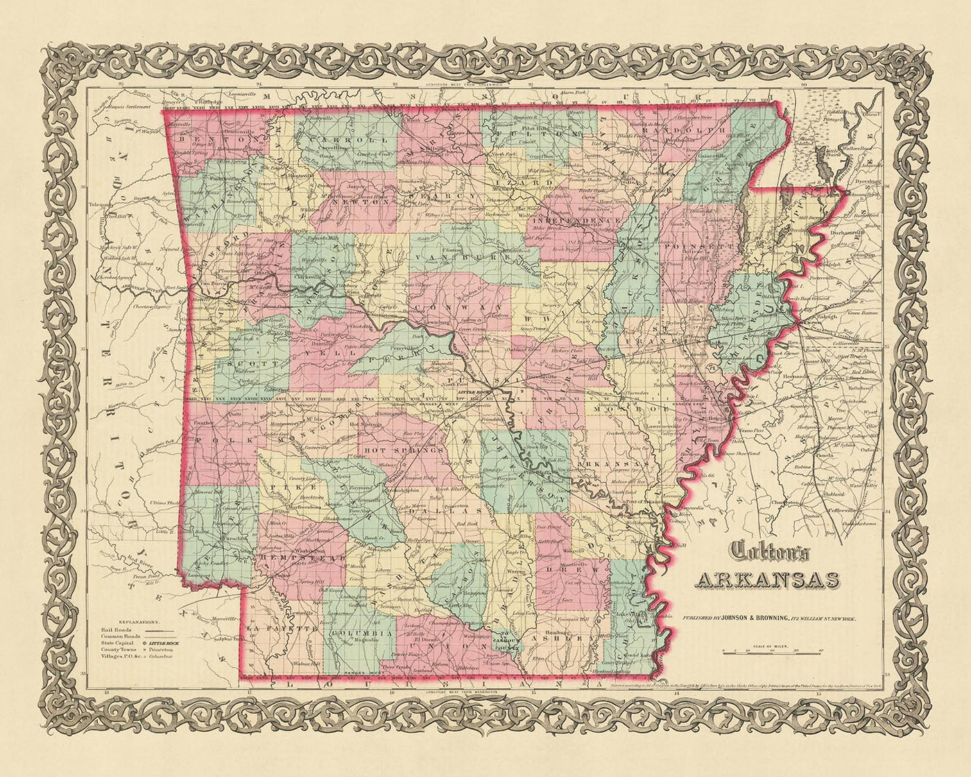 Alte Karte von Arkansas von JH Colton, 1855: Little Rock, Fort Smith, Fayetteville, Pine Bluff, Van Buren
