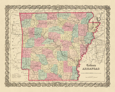 Mapa antiguo de Arkansas por JH Colton, 1855: Little Rock, Fort Smith, Fayetteville, Pine Bluff, Van Buren