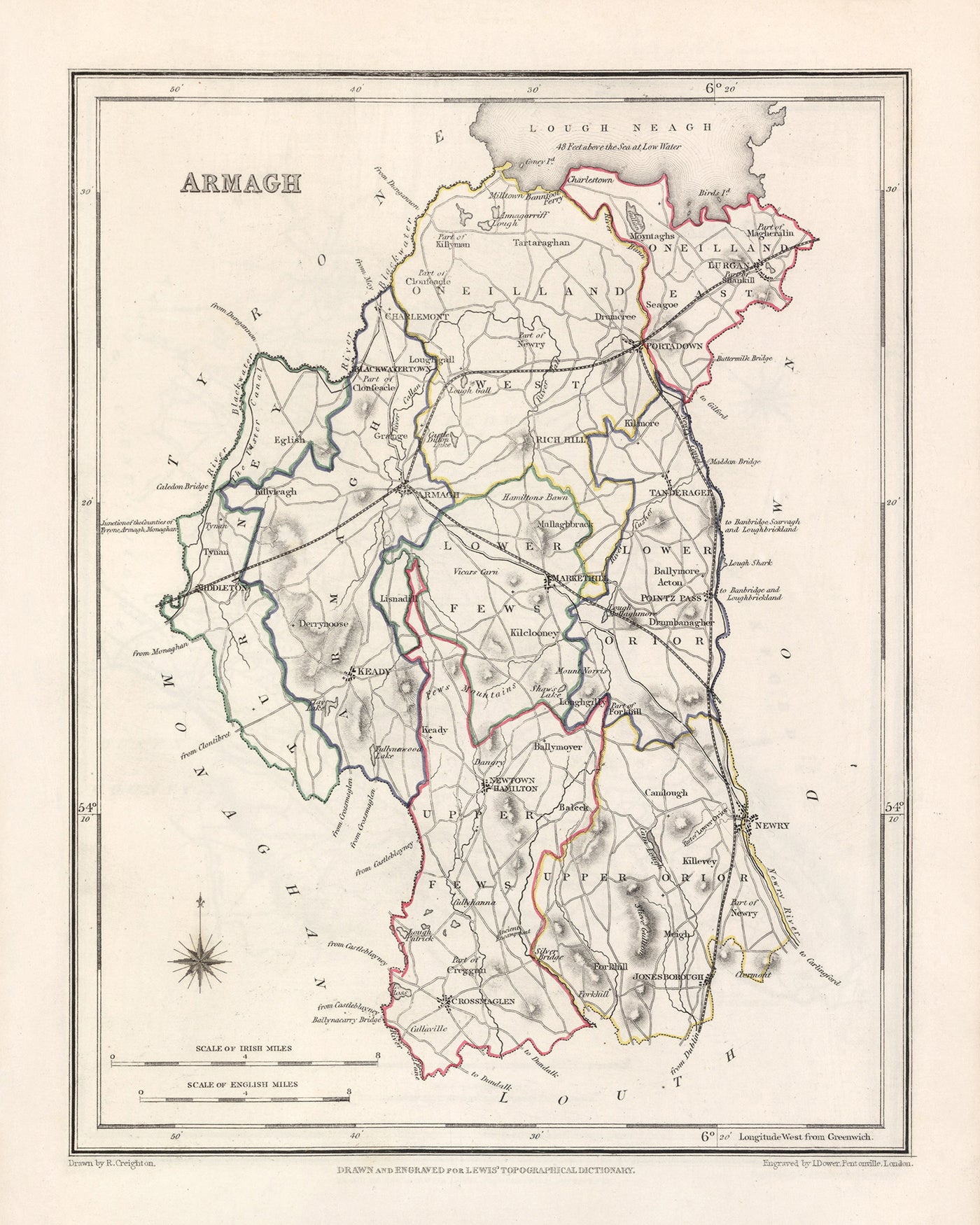 Ancienne carte du comté d'Armagh par Samuel Lewis, 1844 : Lurgan, Portadown, Markethill, Keady, Tandragee