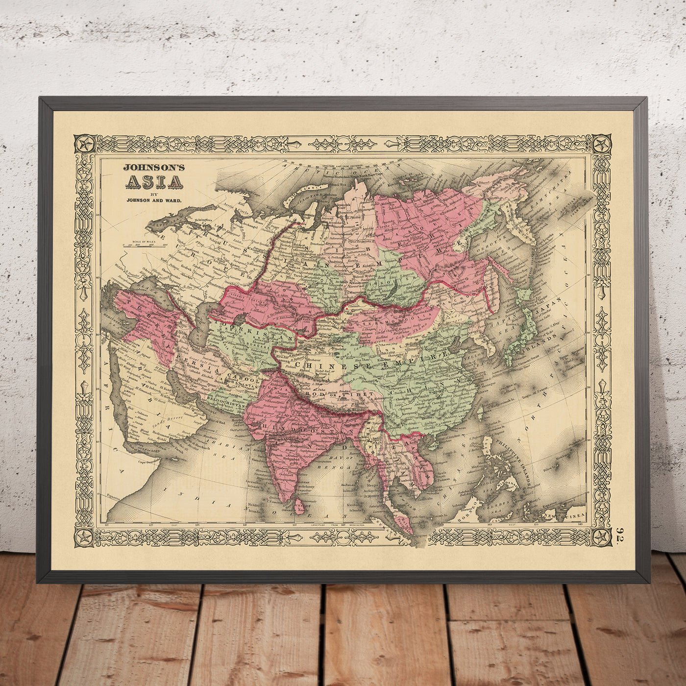 Old Map of Asia by AJ Johnson, 1864: Hand-Coloured Mercator Projection
