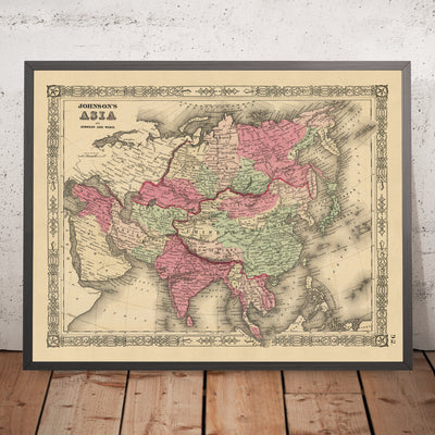 Mapa antiguo de Asia de Johnson, 1864: proyección de Mercator, coloreado a mano y borde adornado