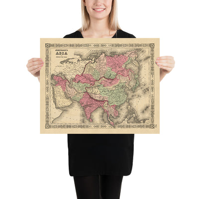 Alte Asienkarte von Johnson, 1864: Mercator-Projektion, handkoloriert, verzierter Rand