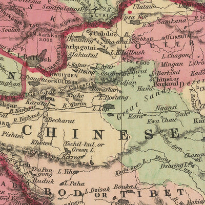 Alte Asienkarte von Johnson, 1864: Mercator-Projektion, handkoloriert, verzierter Rand