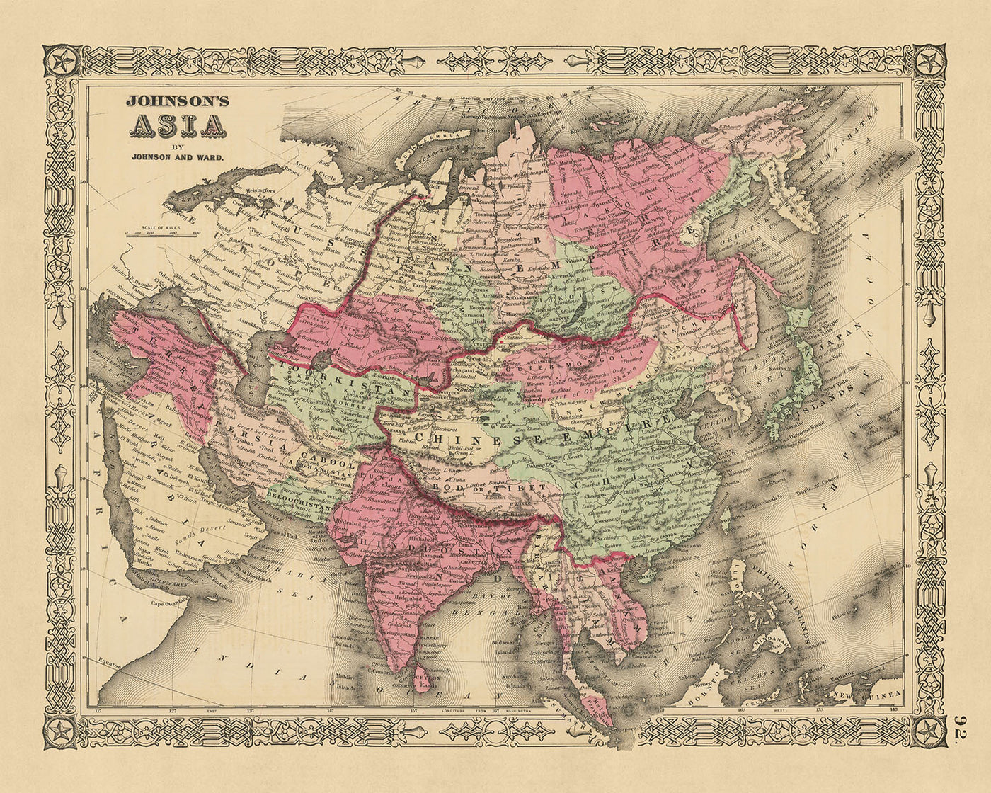 Ancienne carte de l'Asie par Johnson, 1864 : projection de Mercator, bordure ornée colorée à la main
