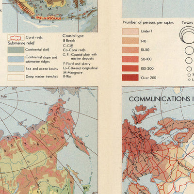 Infografik-Karte von Asien vom Topografischen Dienst der polnischen Armee, 1967: Geologie, Bevölkerungsdichte, Kommunikation