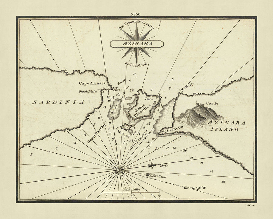 Alte Karten zwischen Asinara und Sardinien Nautische Karte von Heather, 1802: Kap Azinara, Castelsardo, Secca di Mezzo 