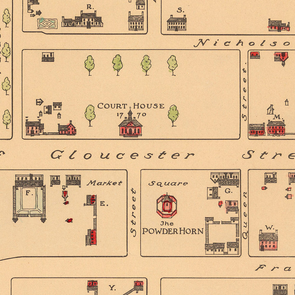 Old Historical Map of Williamsburg, VA in 1722 by Patterson: Governor's Palace, College, Capitol, Gaol, Tavern