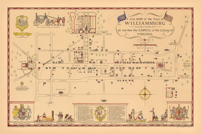 Old Historical Map of Williamsburg, VA in 1722 by Patterson: Governor's Palace, College, Capitol, Gaol, Tavern