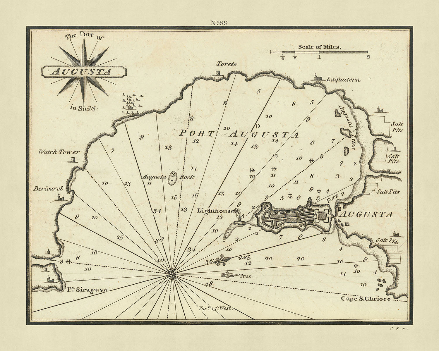 Old Port of Augusta, Sicily Nautical Chart by Heather, 1802 Soundings