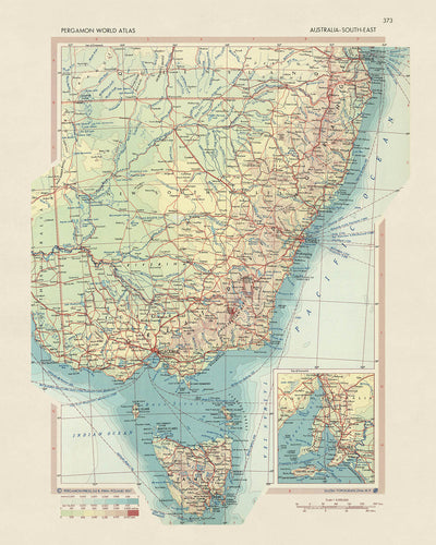 Ancienne carte de l'Australie par le service topographique de l'armée polonaise, 1967 : Melbourne, Sydney, Brisbane, Adélaïde, Perth