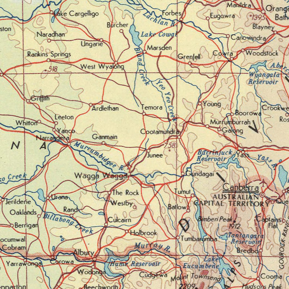 Mapa antiguo de Australia realizado por el Servicio de Topografía del Ejército Polaco, 1967: Melbourne, Sydney, Brisbane, Adelaide, Perth