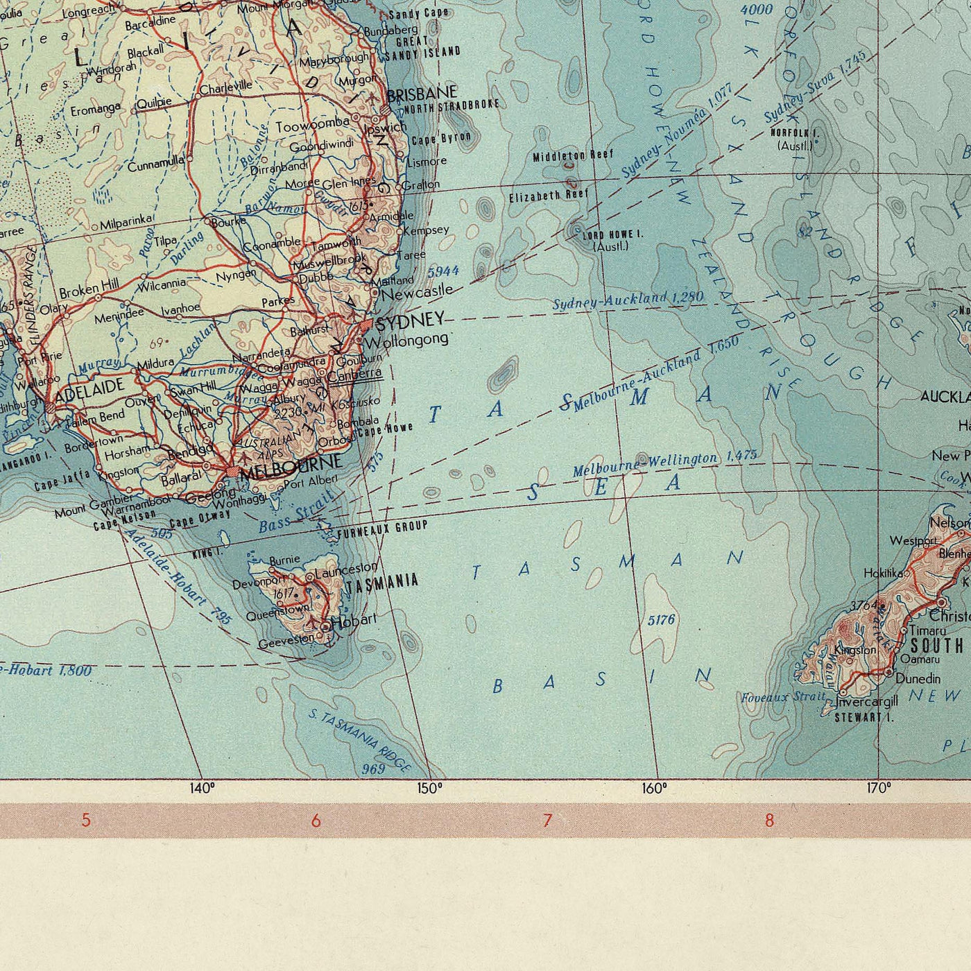 Alte Karte von Australien & Ozeanien, 1967: Neuseeland, Borneo, Polynesien, Mikronesien, Hawaii, Pazifische Inseln 