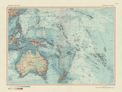 Alte Weltkarte von Australien und Ozeanien vom polnischen Topographiedienst der Armee, 1967: Erfassung der pazifischen Weiten, historische Momentaufnahme der späten 1960er Jahre, detaillierte politische und physische Darstellung