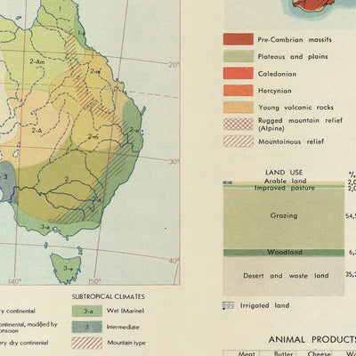 Carte infographique de l'Australie par le service topographique de l'armée polonaise, 1967 : agriculture, géologie, commerce extérieur