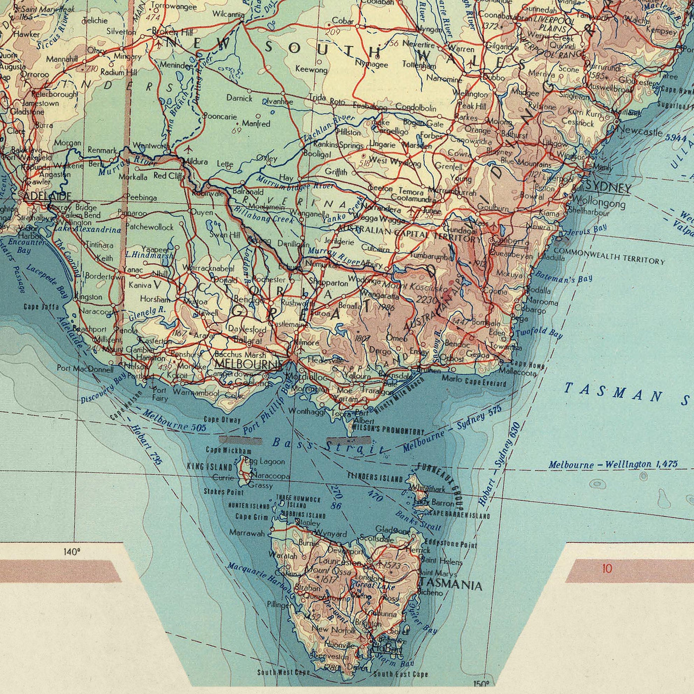 Alte Karte von Australien, 1967: Politisches & Physisches Atlas-Diagramm der Staaten & Territorien 