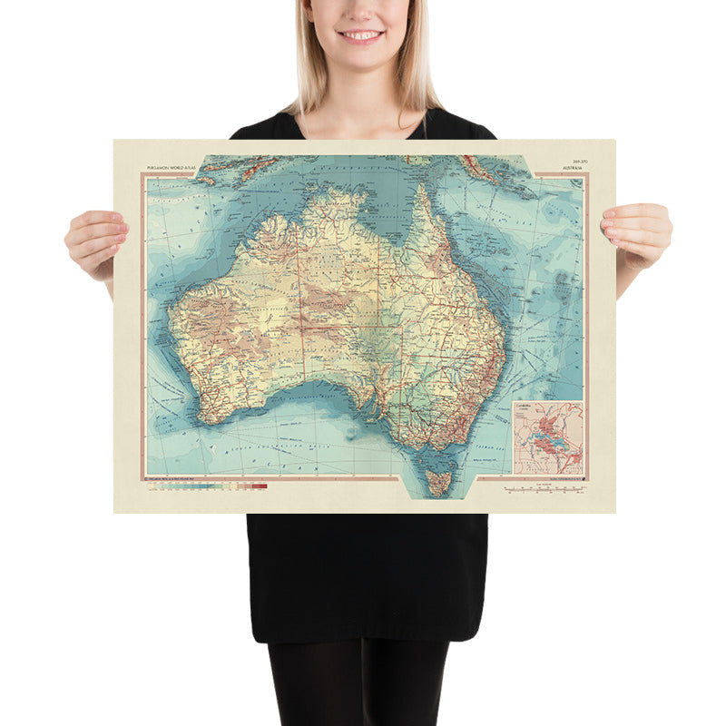 Old Map of Australia, 1967: Political & Physical Atlas Chart of States & Territories