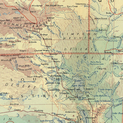 Ancienne carte de l'Australie réalisée par le service topographique de l'armée polonaise, 1967 : frontières politiques détaillées, topographie physique variée, paysages naturels diversifiés, savoir-faire méticuleux, représentation géographique complète
