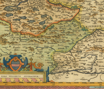 Antiguo mapa de Austria por Abraham Ortelius en 1594 - Viena, Lago Neusiedl, Tulin, Bratislava, Wiener Neustadt
