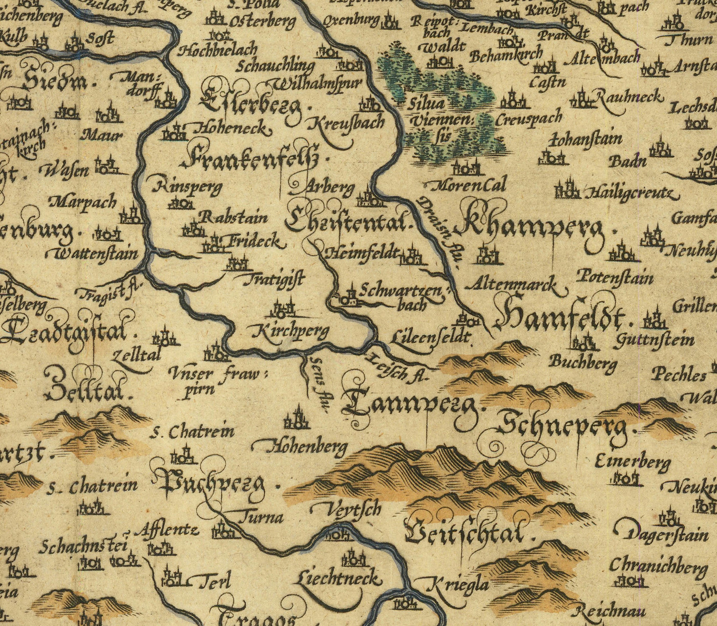 Antiguo mapa de Austria por Abraham Ortelius en 1594 - Viena, Lago Neusiedl, Tulin, Bratislava, Wiener Neustadt