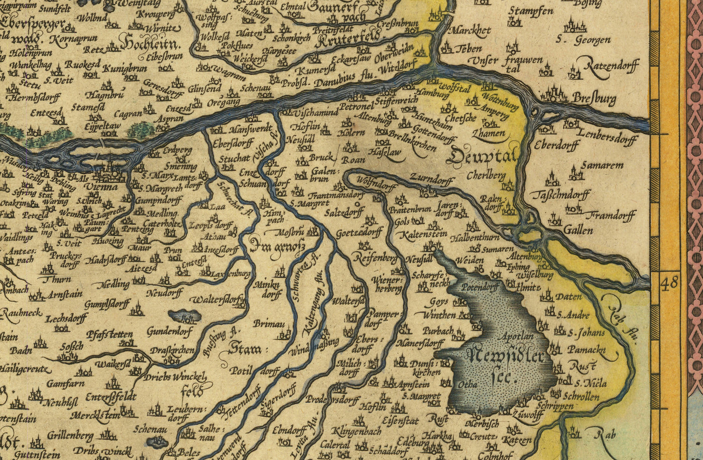 Old Map of Austria by Abraham Ortelius in 1594 - Vienna, Lake Neusiedl, Tulin, Bratislava, Wiener Neustadt