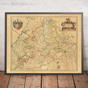 Mappa antica del Baden-Württemberg di Willem Blaeu, 1635: Stoccarda, Heidelberg, Mannheim, Karlsruhe e Ulm, con il fiume Neckar, il Lago di Costanza e la Foresta Nera 