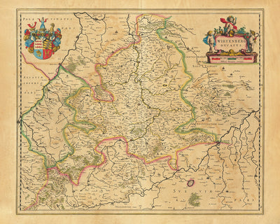 Ancienne carte du Bade-Wurtemberg par Willem Blaeu, 1635 : Stuttgart, Heidelberg, Mannheim, Karlsruhe et Ulm, avec la rivière Neckar, le lac de Constance et la Forêt-Noire