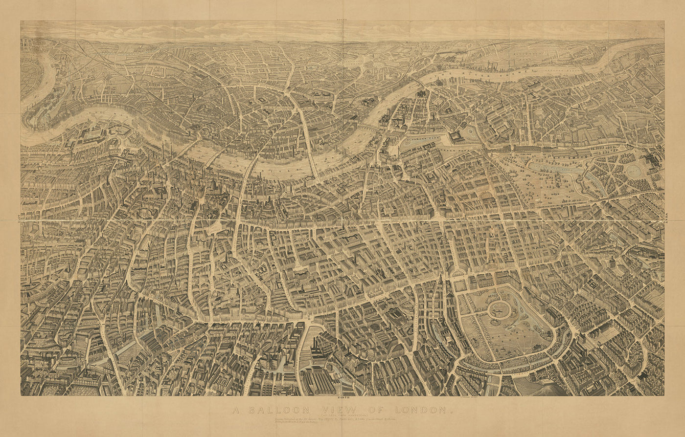 Mapa pictórico de Londres por Banks, 1851: Palacio de Buckingham, San Pablo, Parlamento, Hyde Park, Palacio de Lambeth
