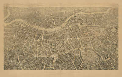 Old Pictorial Map of London by Henry Banks, 1851: "A Balloon View" of Buckingham Palace, St Paul's, Parliament, Hyde Park, etc.